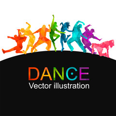 Detailed vector illustration silhouettes of expressive dance colorful group of people dancing. Jazz funk, hip-hop, house. Dancer man jumping on white background. Happy celebration