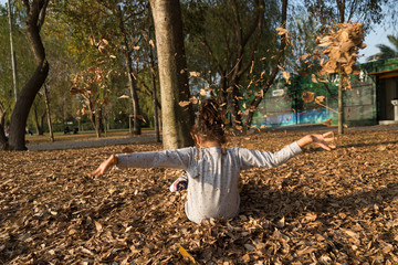 the child play with colorful leaves at the autumn. 