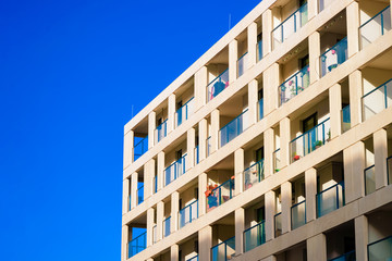 Modern residential apartment with flat building exterior at Vienna in Austria. New luxury house and home complex. City Real estate property and condo architecture