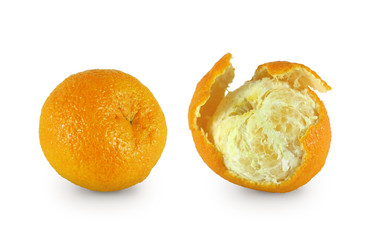Ripe fresh tangerines whole and semi peeled isolated on white background  