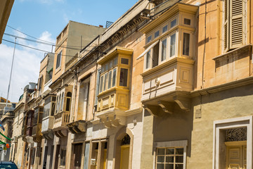 Sliema Malta, July 16 2019. Traditional Maltese architecture in Sliema Old Town in Malta, street with traditional balconies and old buildings in historical city of Malta.