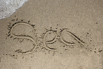 Word sea written on sand with wave coming