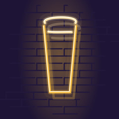 Neon wheat beer icon. Night illuminated wall street pub or bar sign. Square illustration on brick wall background.