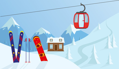 Mountain winter landscape. Ski and snowboard