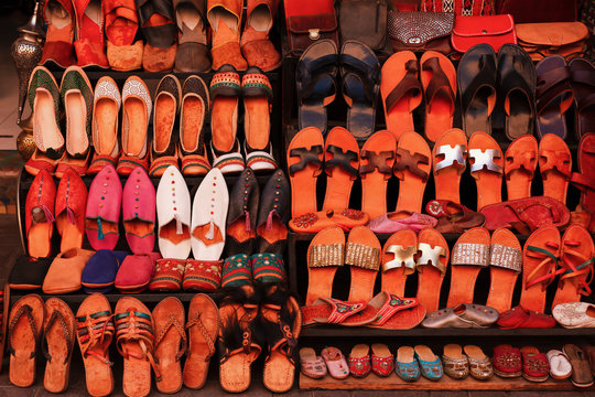 Colorful Shoes and Slippers at a Market in Marrakech Morocco