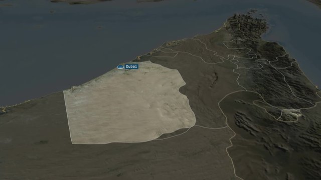 Dubay - emirate of United Arab Emirates with its capital zoomed on the satellite map of the globe. Animation 3D