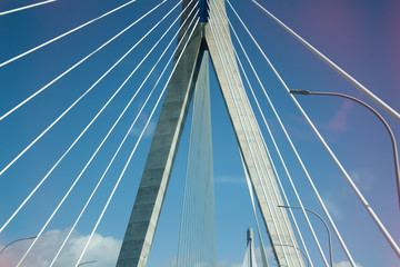 Close-up of cable-stayed bridge, view from below.