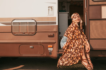 retro campervan with hippie californiagirl. california van lifestyle