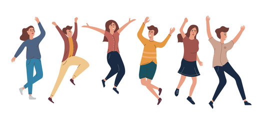 Collection of joyful jumping men and women dressed in casual clothes. The concept of friendship, healthy, happiness, lifestyle, young, party, success. Vector illustration in a flat style.
