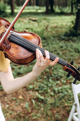 female musician performs at an outdoor wedding. Curl with the neck of the violin closeup. The actor performs at a party. musical instrument. Hands of a violinist close-up.
