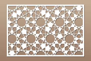 Decorative card for cutting. Arab linear geometric mosaic pattern. Laser cut. Ratio 3:2. Vector illustration.