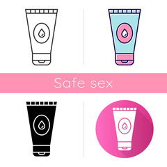 Water-based lubricant icon. Male, female product for safe sex. Healthy intercourse. Natural gel, lube. Product for intimate hygiene. Flat design, linear and color styles. Isolated vector illustrations - obrazy, fototapety, plakaty