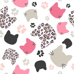 Wall murals Cats Seamless vector pattern with cats heads and leopard print for kids