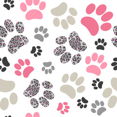 Seamless cats paws pattern with leopard print for kids design.