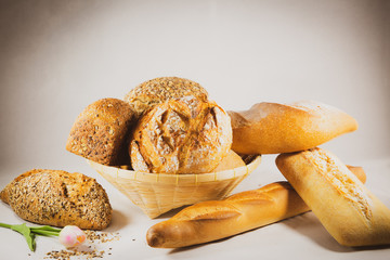 Fresh Homemade Plain bread and bread grain diet for healthy food from natural flour, good for everyone's breakfast on a white background.