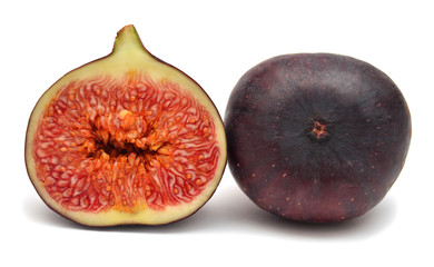 Figs fresh juicy. Whole and half fruit isolated on a white background. Food photo. Top view, flat lay