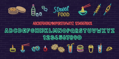 Neon korean street food set. Isolated for logo, poster, banner. Headline and small condensed uppercase letters.