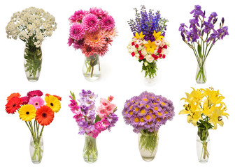 Collection of bouquets flowers aster, yarrow, gerbera, delphinium, dahlia, gladiolus, rose, lily,...