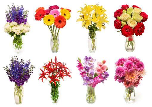 Collection of bouquets flowers gerbera, delphinium, dahlia, gladiolus, rose, lily in vases isolated on white background. Flat lay, top view