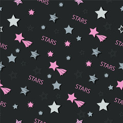 Seamless Stars Pattern. Gray background, pink elements. Suitable for decoration. Any kind of fabric. To the nursery. For design packaging material.