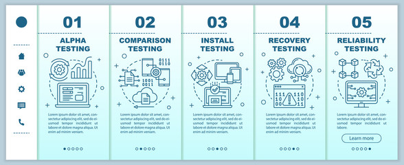 Software performance testing onboarding mobile web pages vector template. Responsive smartphone website interface idea with linear illustrations. Webpage walkthrough step screens. Color concept