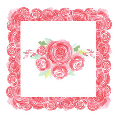 Red roses frame.  Hand painted floral watercolor   illustration. Perfect for invitations cards.