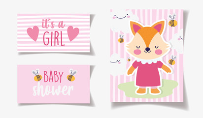 cute female fox with dress bees decoration its a girl baby shower card