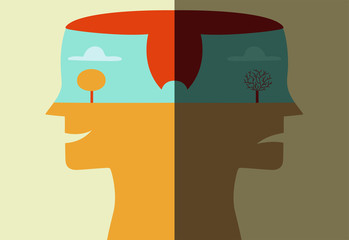 Vector profile portrait of young man seen in two opposite moods, happy and sad, symbolized by different climatic conditions