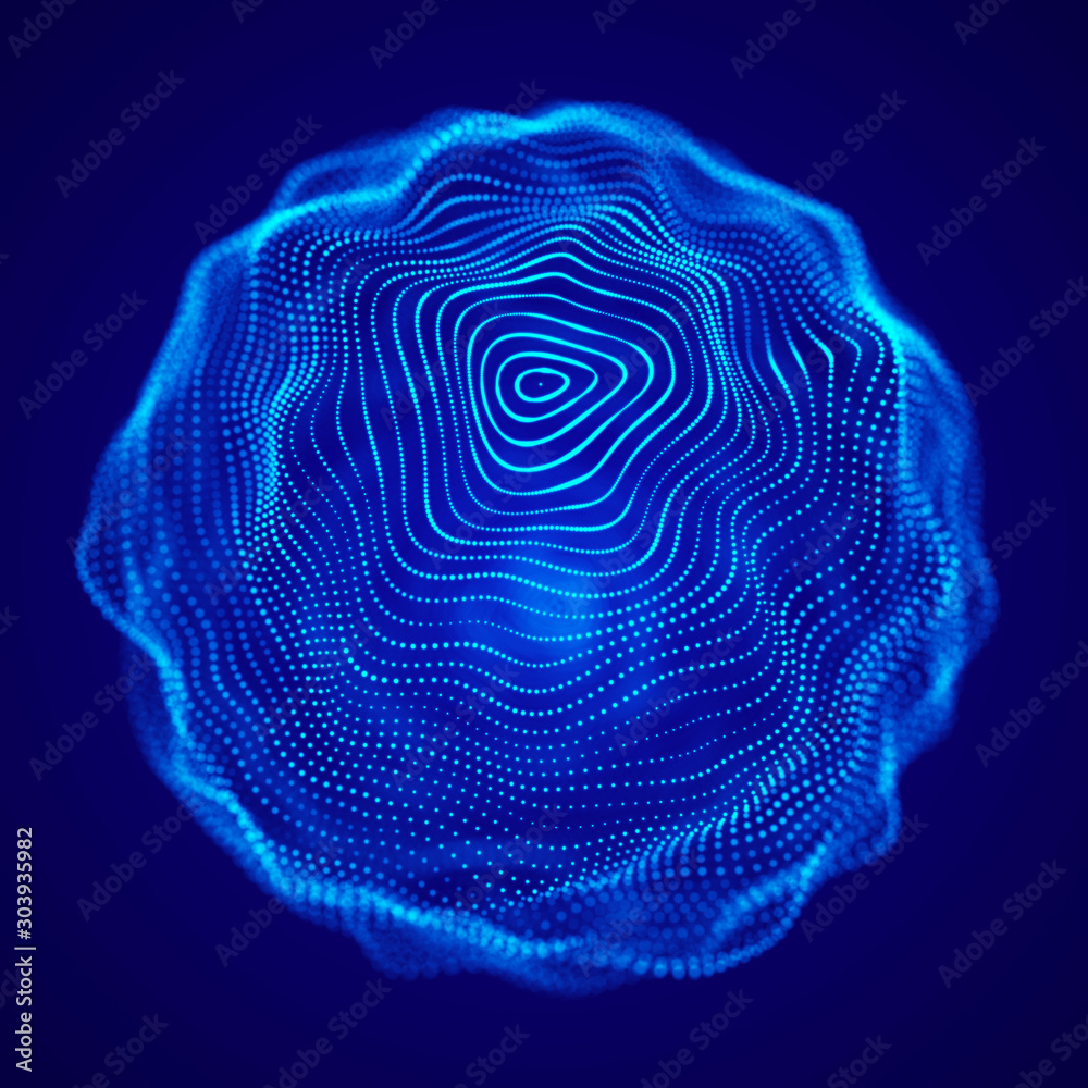 Aufkleber Abstract 3d futuristic sphere with connecting dots. Wireframe technology blue sphere. 3d rendering.