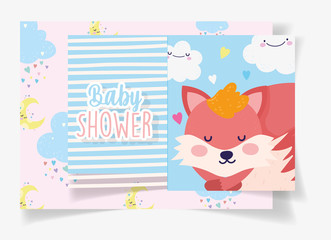 fox sleep clouds stripes background baby shower card