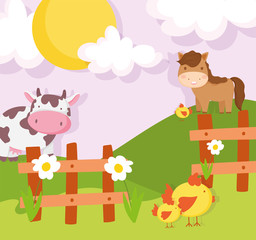 horse cow chickens wooden fence meadow farm animals