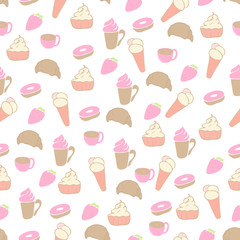 Seamless pattern with cakes and coffee. Sweets and cups with a drink. Vector. Doodle style.  