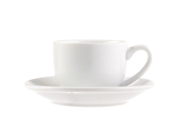 White coffee cup and saucer isolated on a white background. Close up