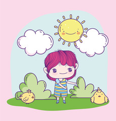 anime cute boy and chickens in the grass