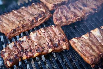 Grilled pork ribs on the grill.