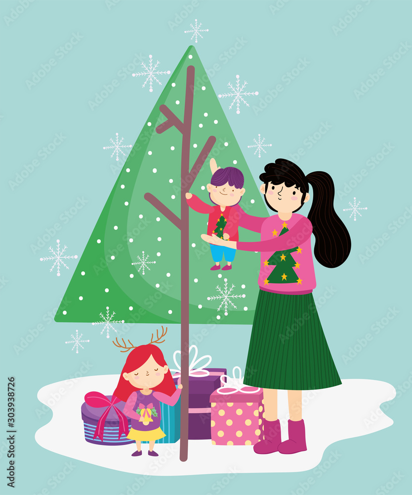 Poster mother carrying little boy and daughter with tree gifts merry christmas, happy new year