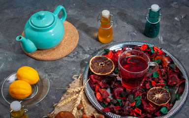 Red Hot Hibiscus tea in a glass mug