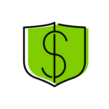 recommend clip art: Símbolo de transacción bancaria segura. Icono plano lineal símbolo de dolar en escudo con color verde