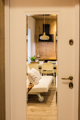 Beautiful modern entrance door with a mirror.