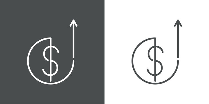 Icono plano lineal s&iacute;mbolo dolar en circulo con flecha hacia arriba en fondo gris y fondo blanco