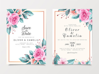 Vintage wedding invitation card template set with watercolor floral border. Roses and leaves botanic illustration for background, save the date, invitation, greeting card