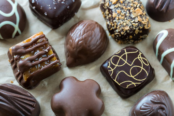An assortment of decorated chocolates.
