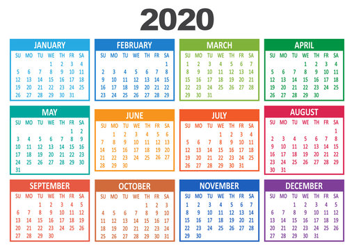 Colorful Yearly Calendar 2020. Week Starts From Sunday. Vector Illustration