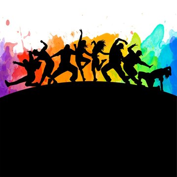Detailed illustration silhouettes of expressive dance colorful group of people dancing. Jazz funk, hip-hop, house. Dancer man jumping on white background. Happy celebration