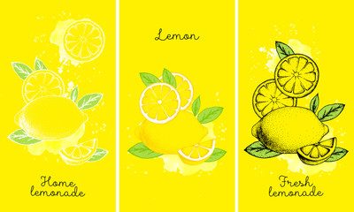 Set of whole, cut in half, sliced on pieces lemons. Lemon, lemonade, fresh lemonade.