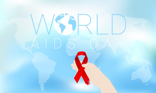 World Aids Day concept. Red Ribbon. 1 december. World map.