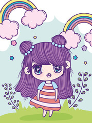 anime cute girl bun hair rainbows leaves meadow