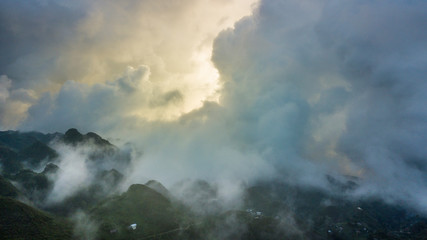 Mountains covered by heavy cloud and mist