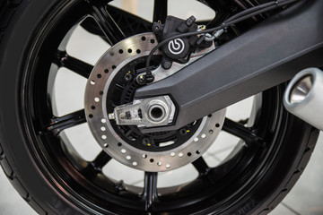 New shiny brake discs on motorcycle