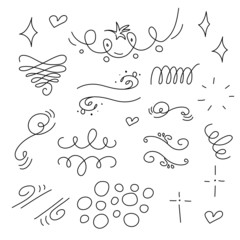 Hand drawn set elements, white on black background. Swirl, squiggles, leaf, sun, arrow, swoops, emphasis ,heart for concept design. 